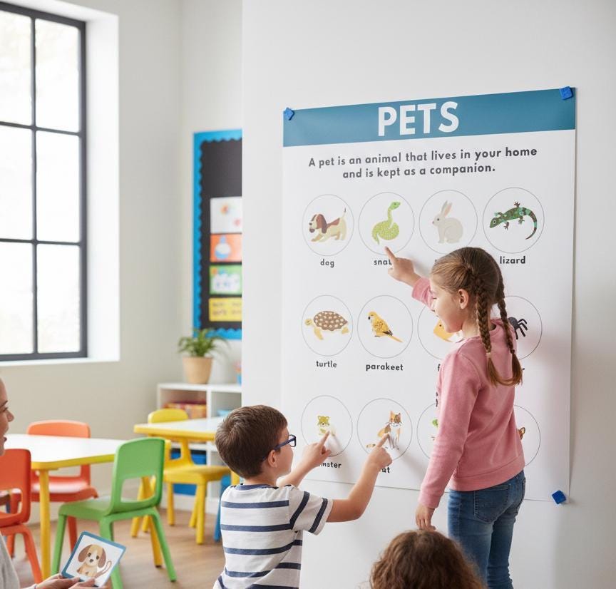 Pets Educational Poster, Domestic Animals Chart, Toddler Learning (Digital Download)