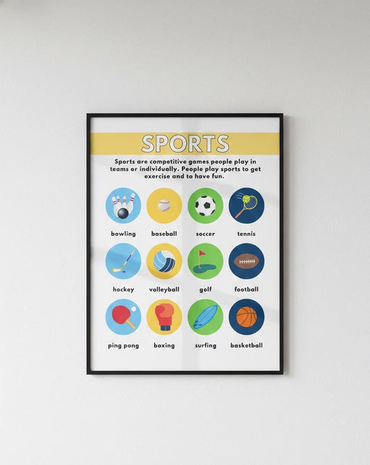 Sports Vocabulary Chart, Kids Educational Poster (Digital Download)