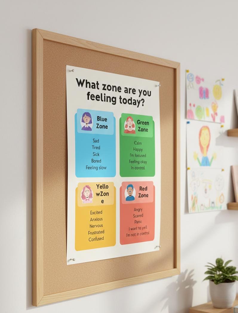 What zone are you feeling today poster, emotional regulation chart for kids, social emotional learning wall art,  digital download