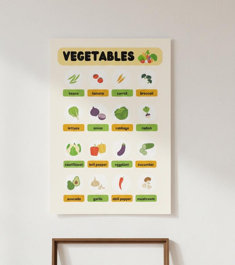 Vegetables poster for kids, healthy food wall art, montessori  decor, preschool science, kindergarten nutrition guide, digital download