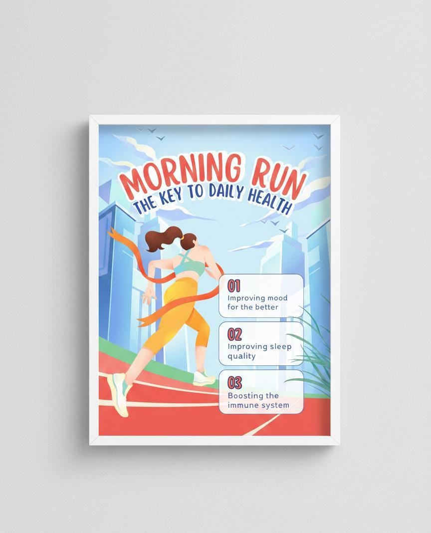 Morning Run Health Benefits Poster, Modern Wellness Art (Digital Download A4 Size)