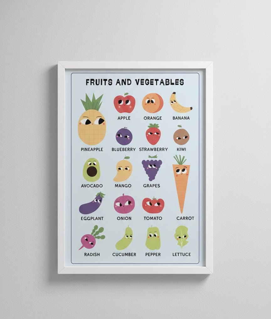 Fruits and Vegetables Nursery Poster, Montessori Educational Chart (Digital Download)