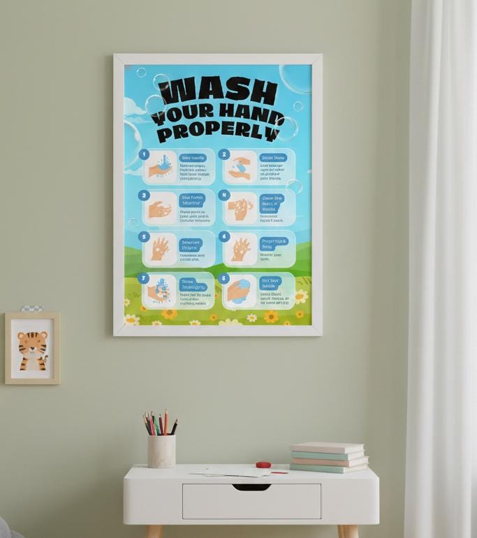 Kids handwashing steps poster, hygiene guide, bathroom wall art (digital download a4)