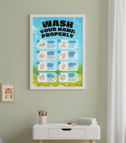 Kids handwashing steps poster, hygiene guide, bathroom wall art (digital download a4)
