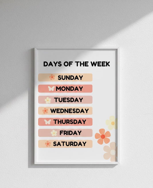 Floral Days of the Week Chart, Toddler Learning, Playroom Art (Digital Download)