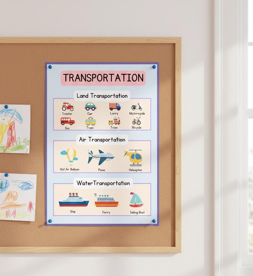 Transportation Poster, Land Air Water Vehicles, Toddler Learning (Digital Download)