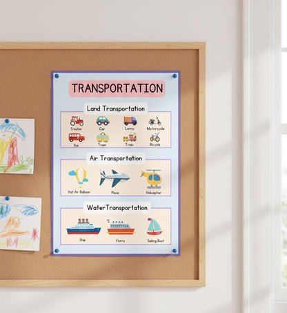 Transportation Poster, Land Air Water Vehicles, Toddler Learning (Digital Download)