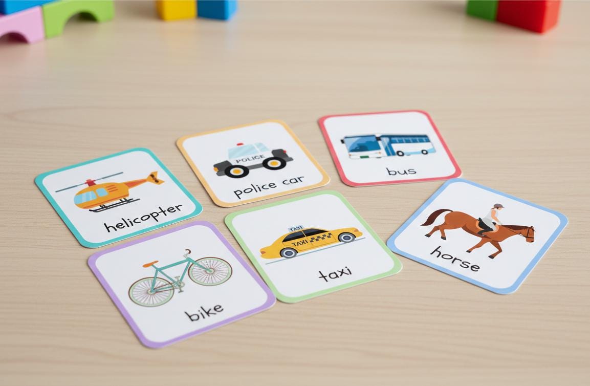 Transportation flashcards, montessori vehicle cards, toddler learning (digital download)