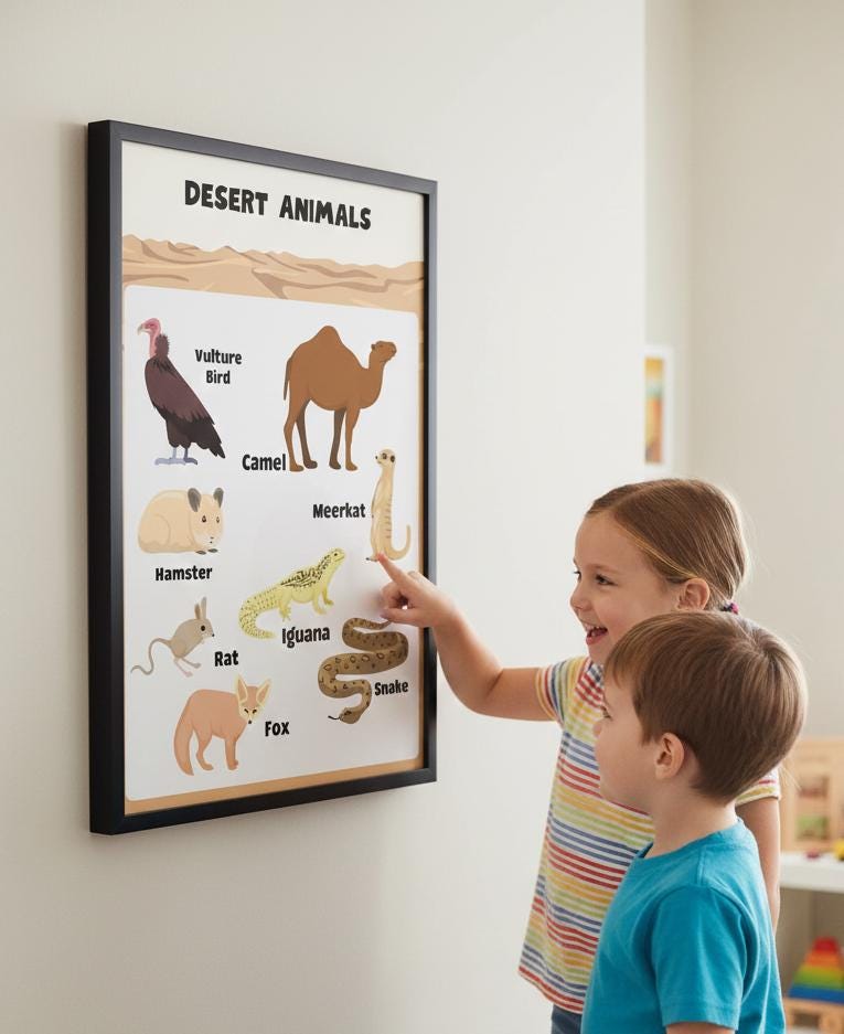 Desert Animals Poster, Educational Wildlife Chart, Nursery Decor (Digital Download A4 Size PDF & PNG)