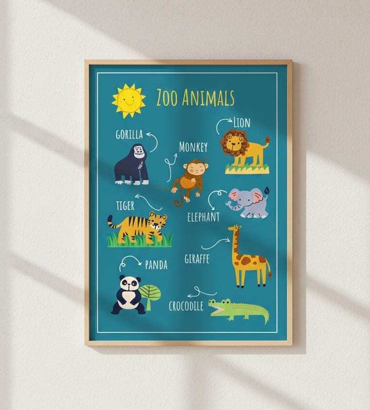 Zoo Animals Poster, Toddler Learning Chart, Nursery Wall Art (Digital Download)
