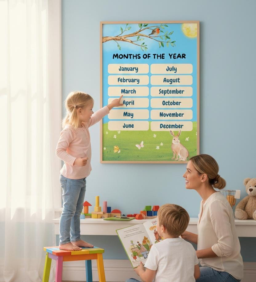 Watercolor Months of the Year Poster, Nature Calendar, Preschool Learning (Digital Download)