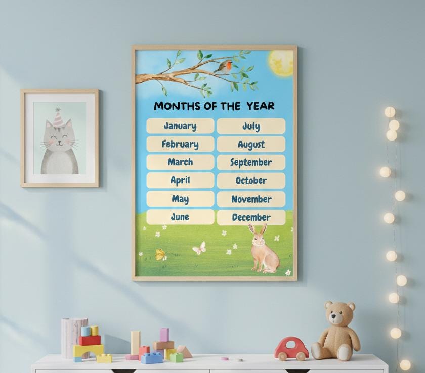 Watercolor Months of the Year Poster, Nature Calendar, Preschool Learning (Digital Download)
