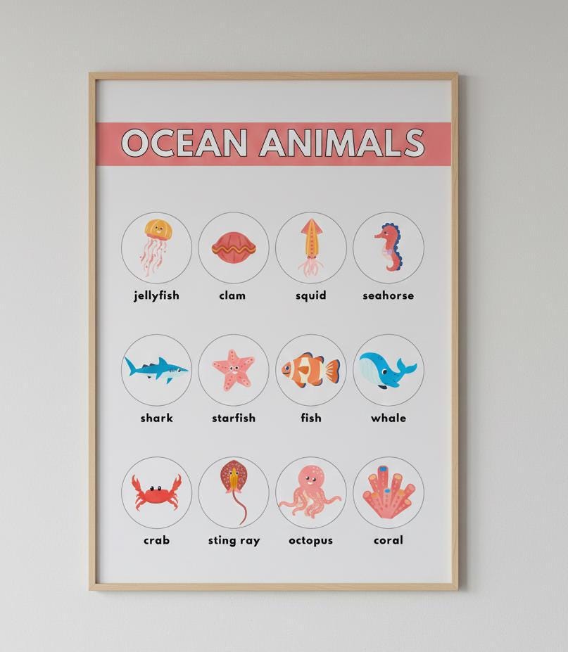 Ocean Animals Vocabulary Poster, Under the Sea Nursery Decor (Digital Download)