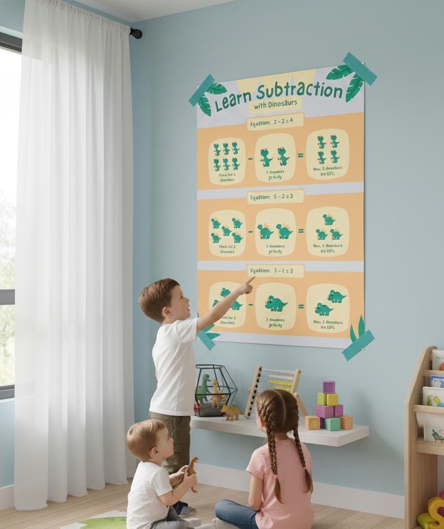 Dinosaur Subtraction Poster, Dino Jungle Math, Homeschool Decor (Digital Download)
