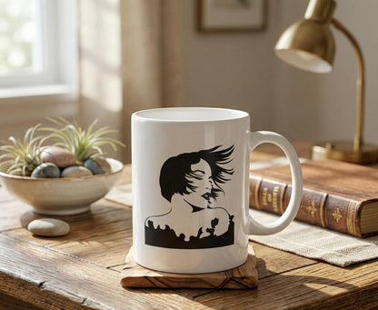 Windblown Woman Silhouette Mug | Black Art Ceramic Coffee Cup | International Womens day