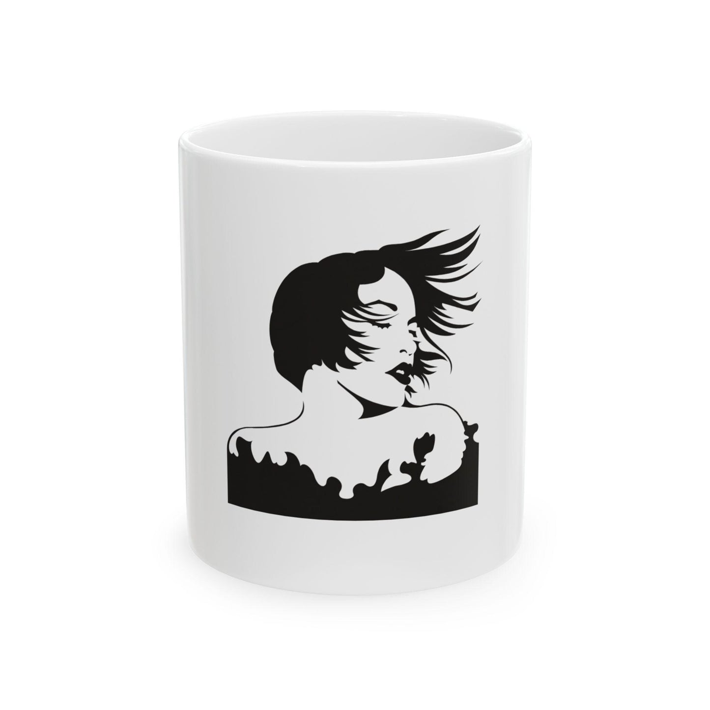 Windblown Woman Silhouette Mug | Black Art Ceramic Coffee Cup | International Womens day