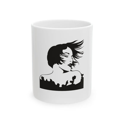 Windblown Woman Silhouette Mug | Black Art Ceramic Coffee Cup | International Womens day