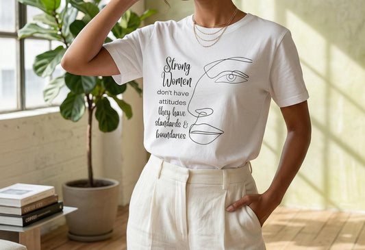 Strong women line art face t-shirt | "strong women don't have attitudes" design