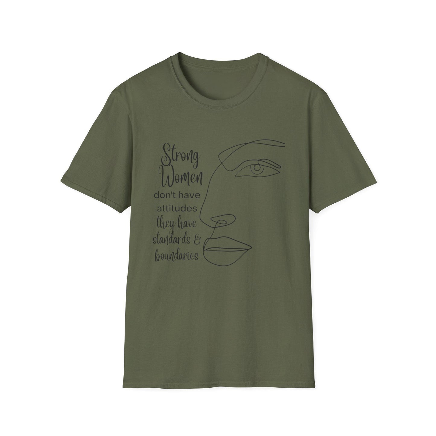 Strong women line art face t-shirt | "strong women don't have attitudes" design