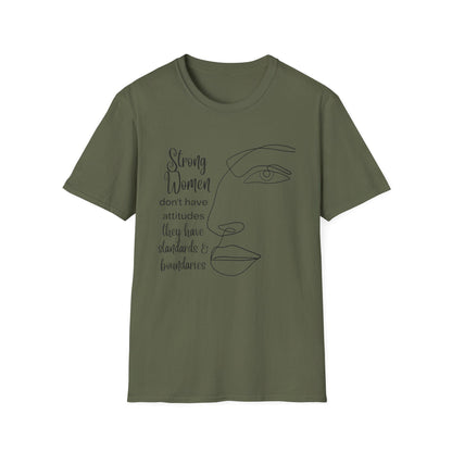 Strong women line art face t-shirt | "strong women don't have attitudes" design