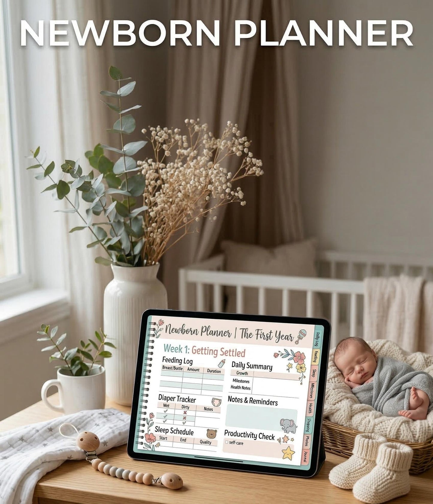 Newborn Baby Planner Digital Download, Printable Infant Daily Log, Baby Feeding & Sleep Tracker, Diaper and Growth Chart, New Mom Essentials