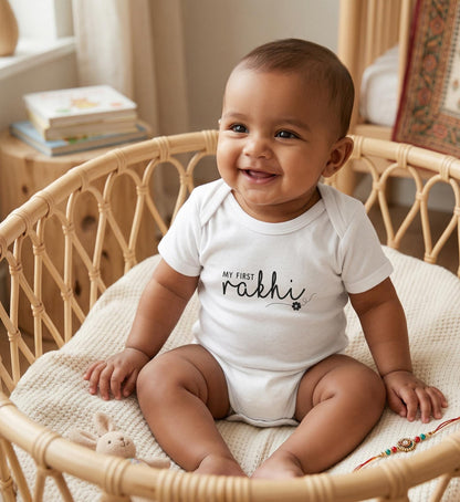 Infant Bodysuit | Hand-Lettered Bunny, My First Rakhi Design, Neutral Baby Onesie
