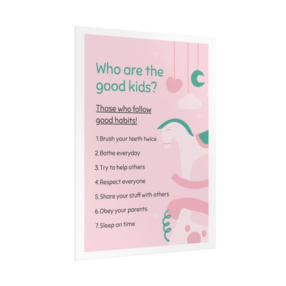 Kids routine chart poster | good habits learning print, pink nursery art (rolled poster)