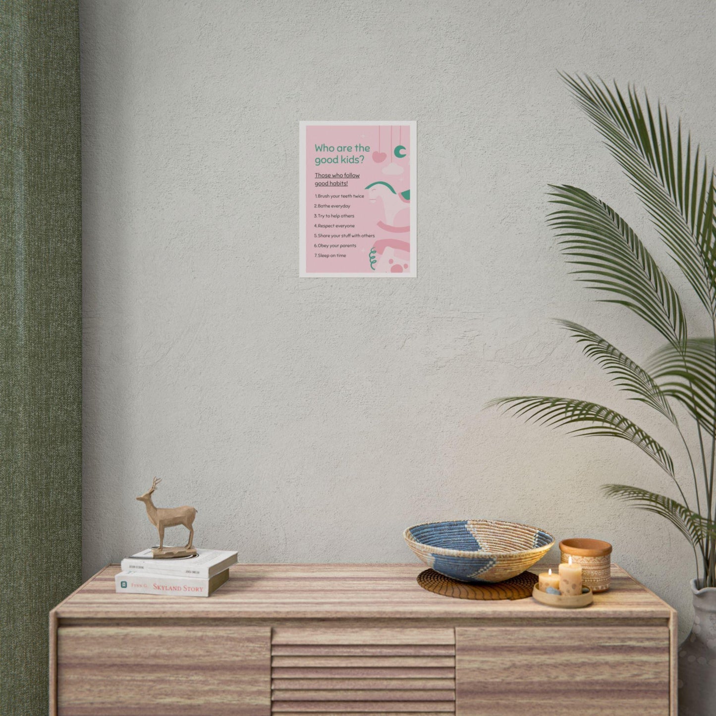 Kids routine chart poster | good habits learning print, pink nursery art (rolled poster)