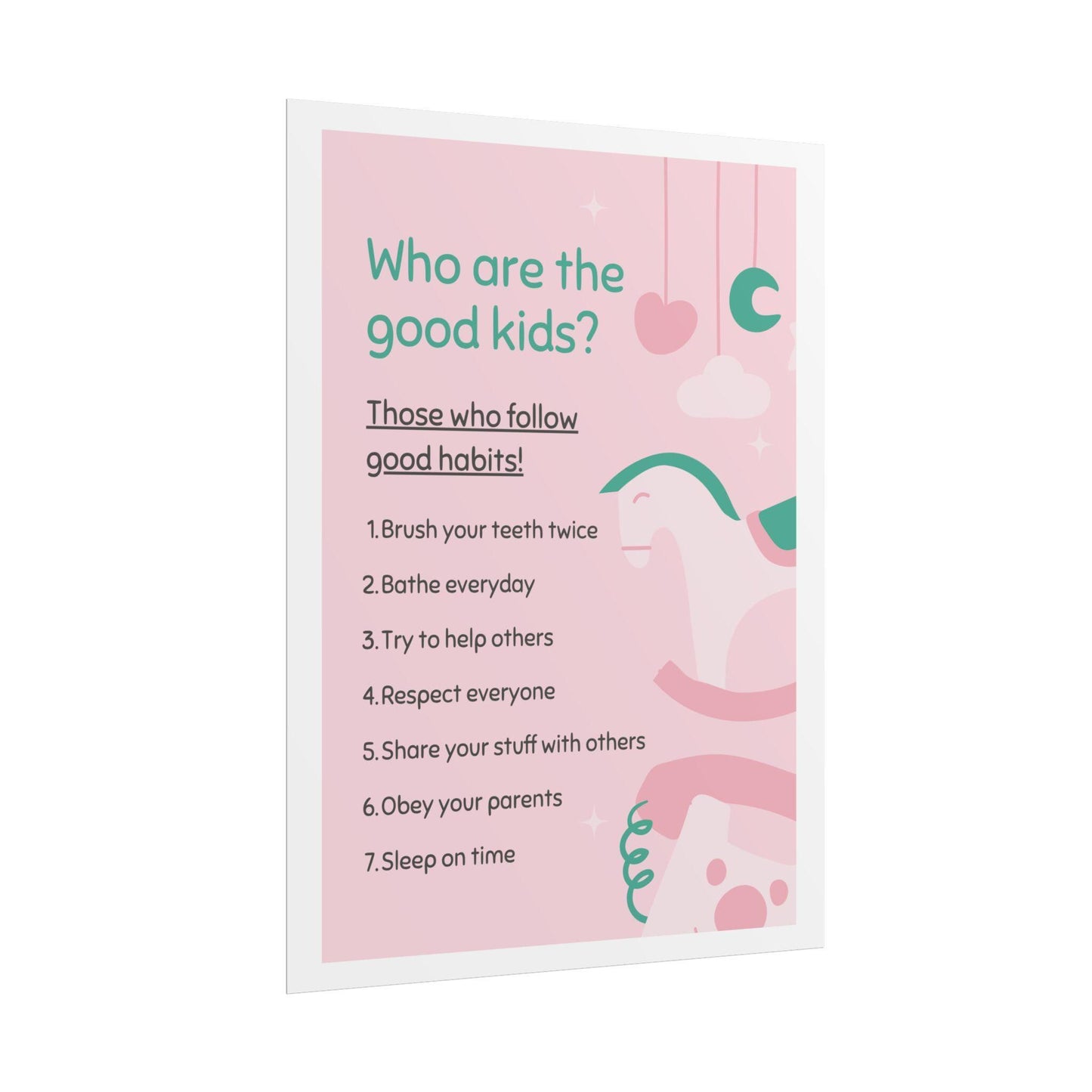 Kids routine chart poster | good habits learning print, pink nursery art (rolled poster)