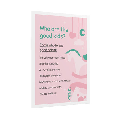 Kids routine chart poster | good habits learning print, pink nursery art (rolled poster)