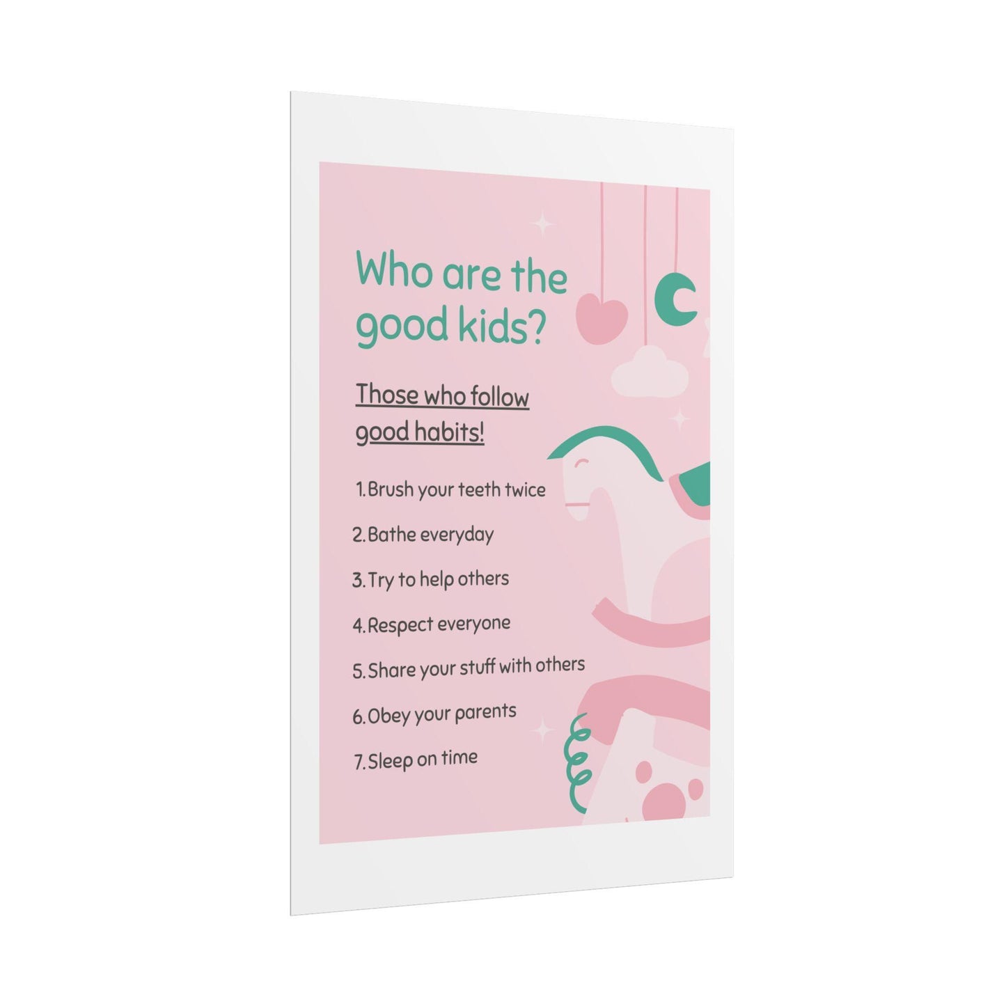Kids routine chart poster | good habits learning print, pink nursery art (rolled poster)