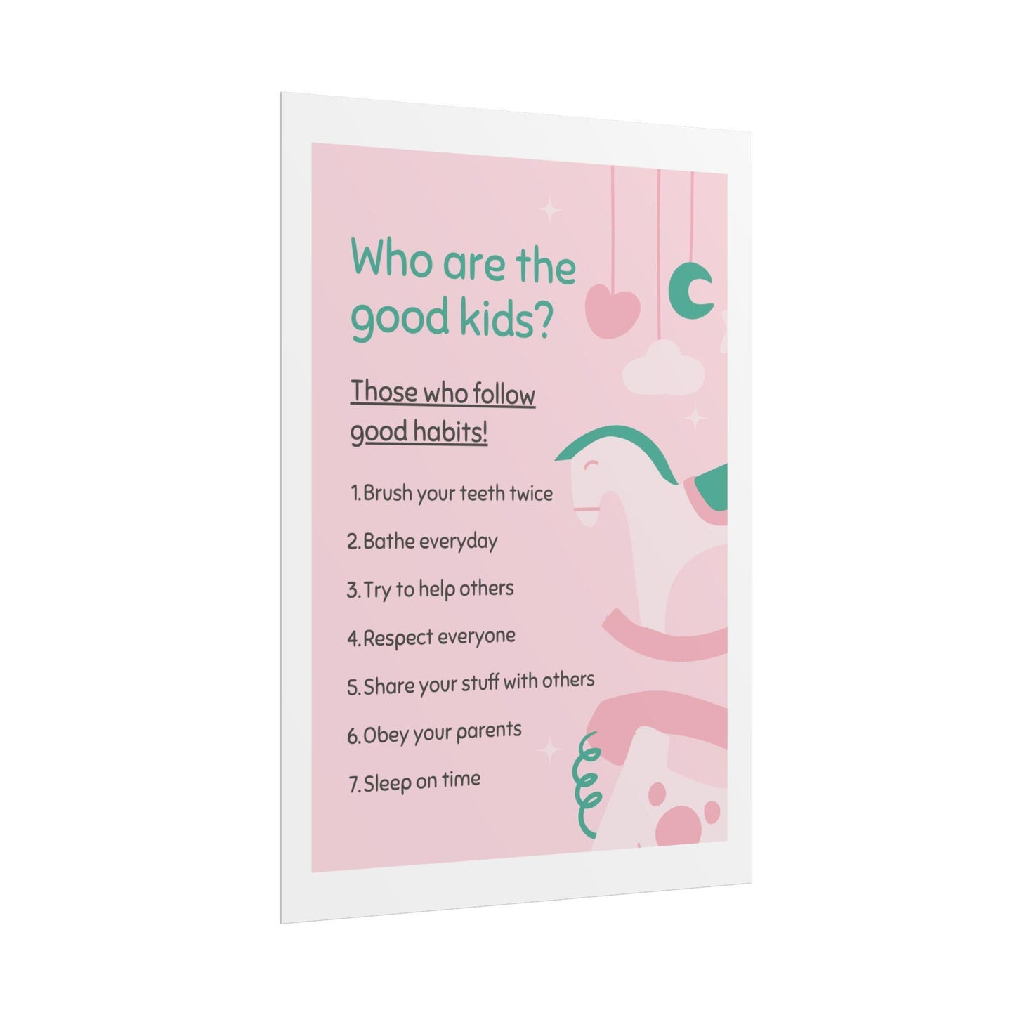 Kids routine chart poster | good habits learning print, pink nursery art (rolled poster)