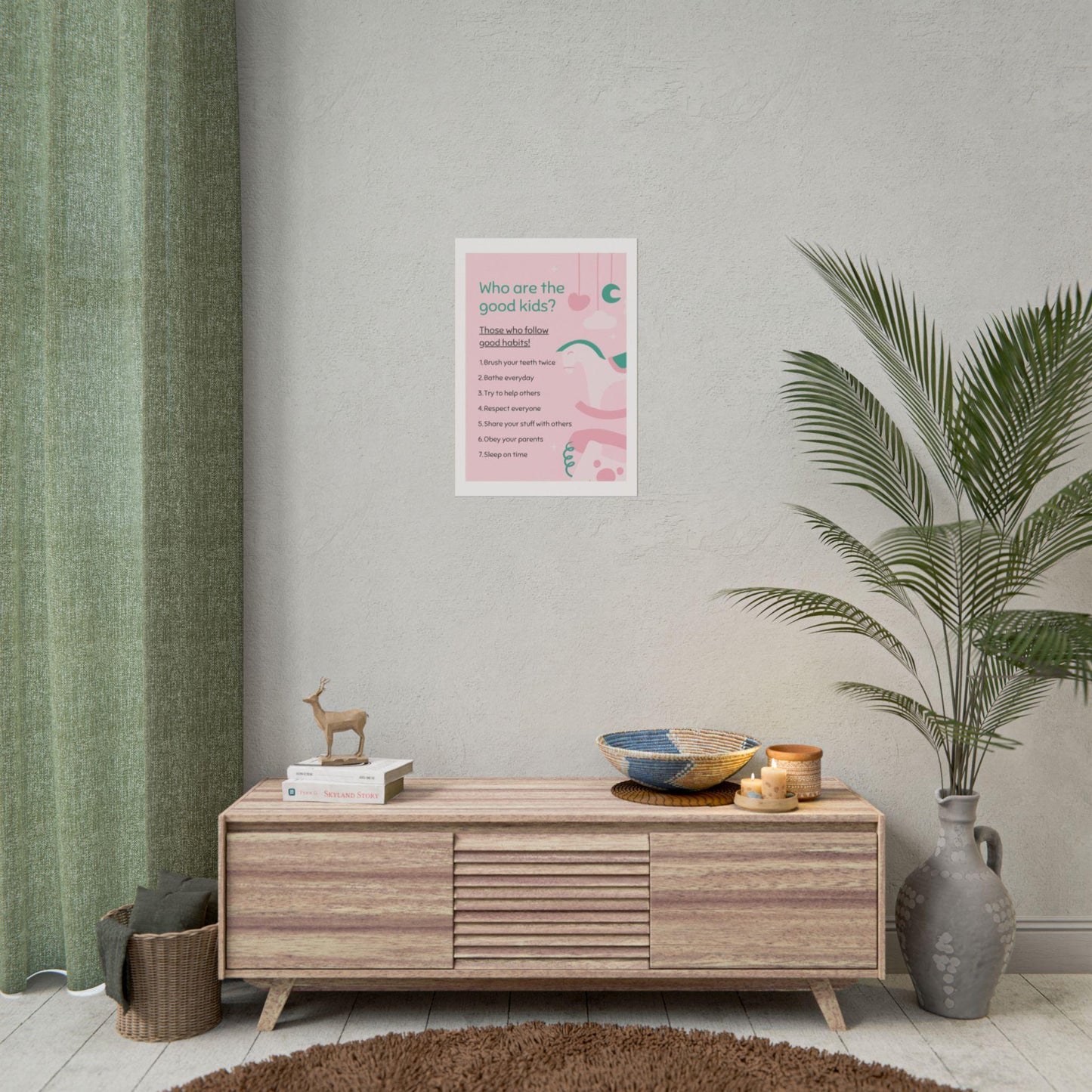 Kids routine chart poster | good habits learning print, pink nursery art (rolled poster)