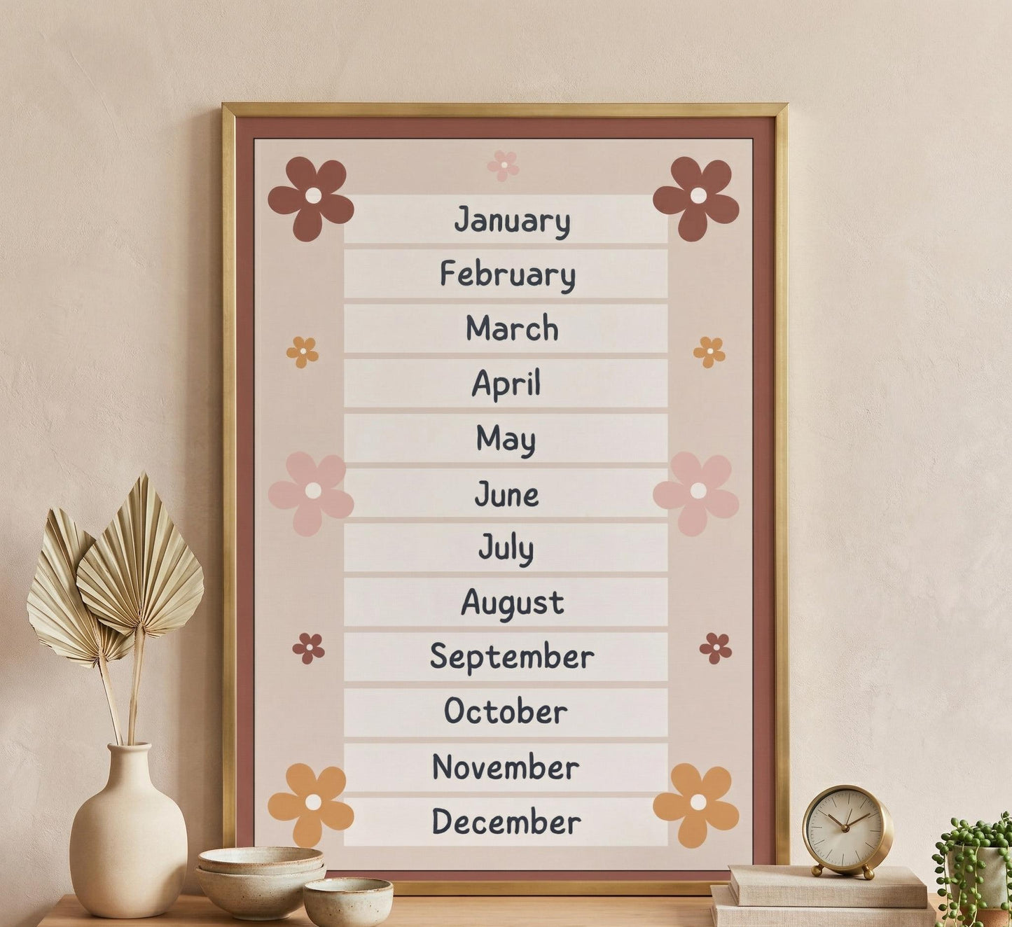 Floral months calendar poster | vintage yearly wall art, kids learning print