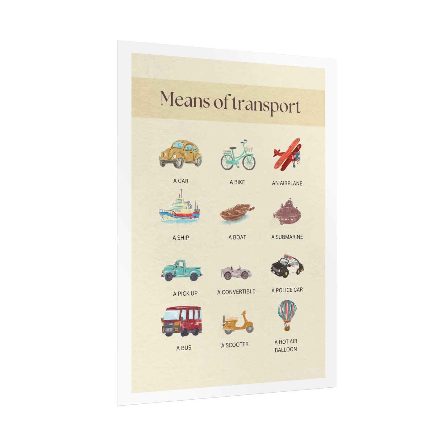 Means of transport poster | rolled poster, vintage vehicles nursery wall art | kids learning posters