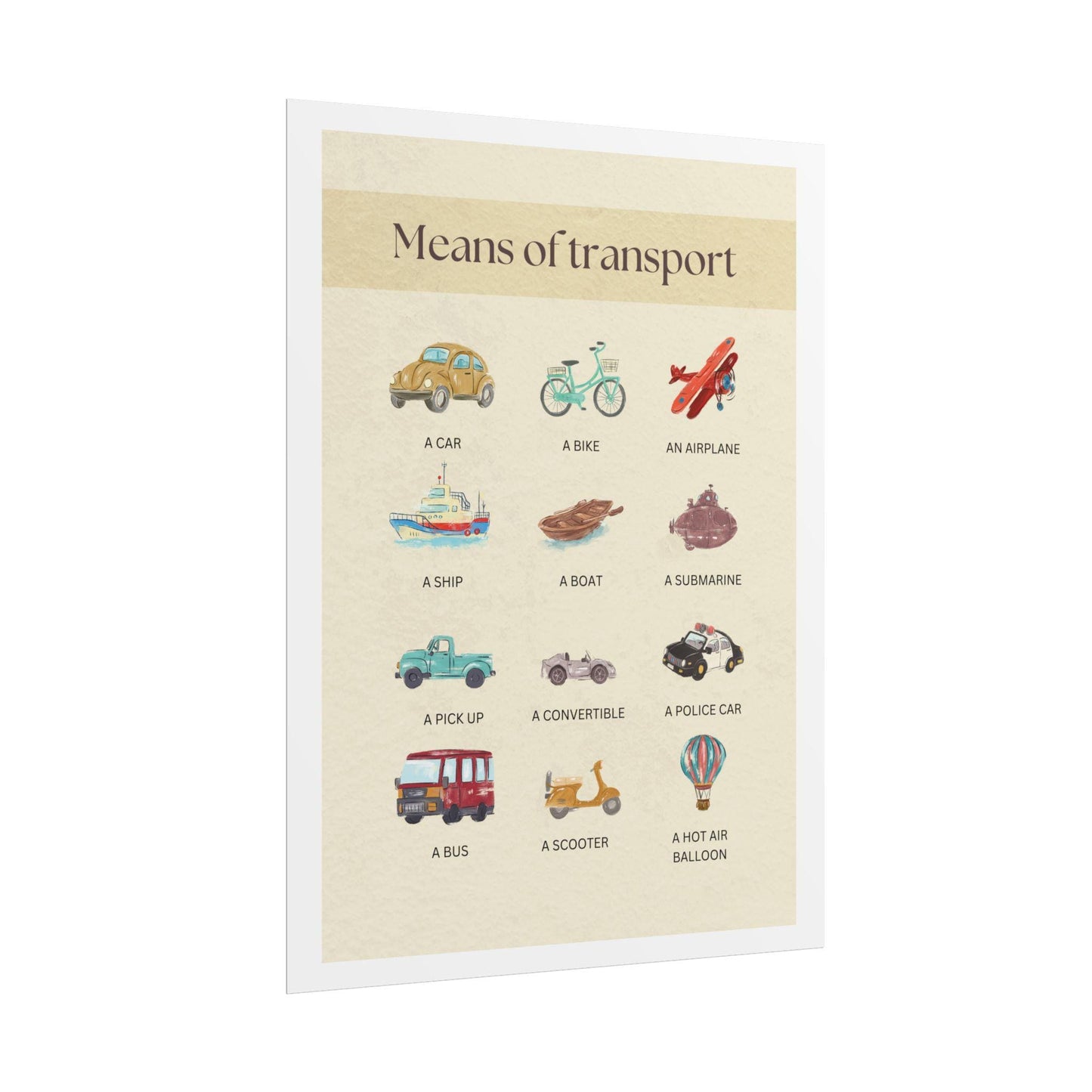 Means of transport poster | rolled poster, vintage vehicles nursery wall art | kids learning posters