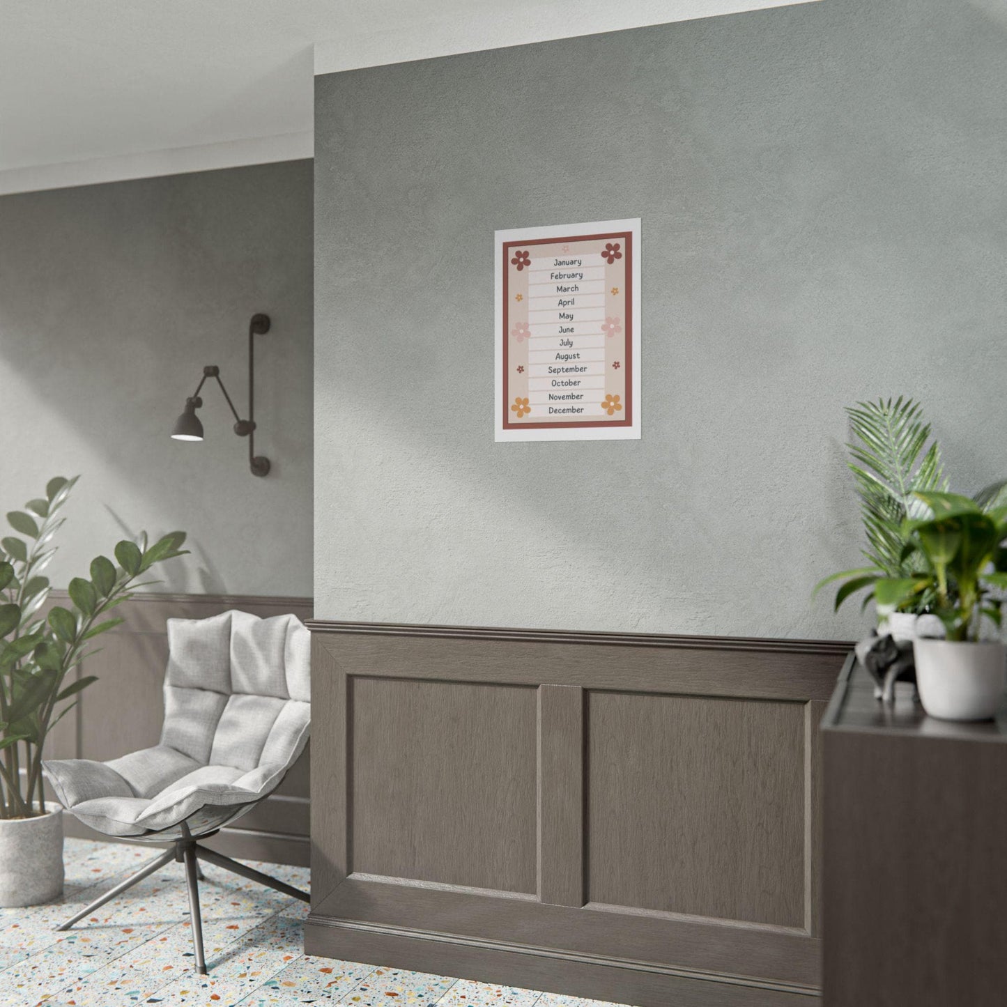 Floral months calendar poster | vintage yearly wall art, kids learning print