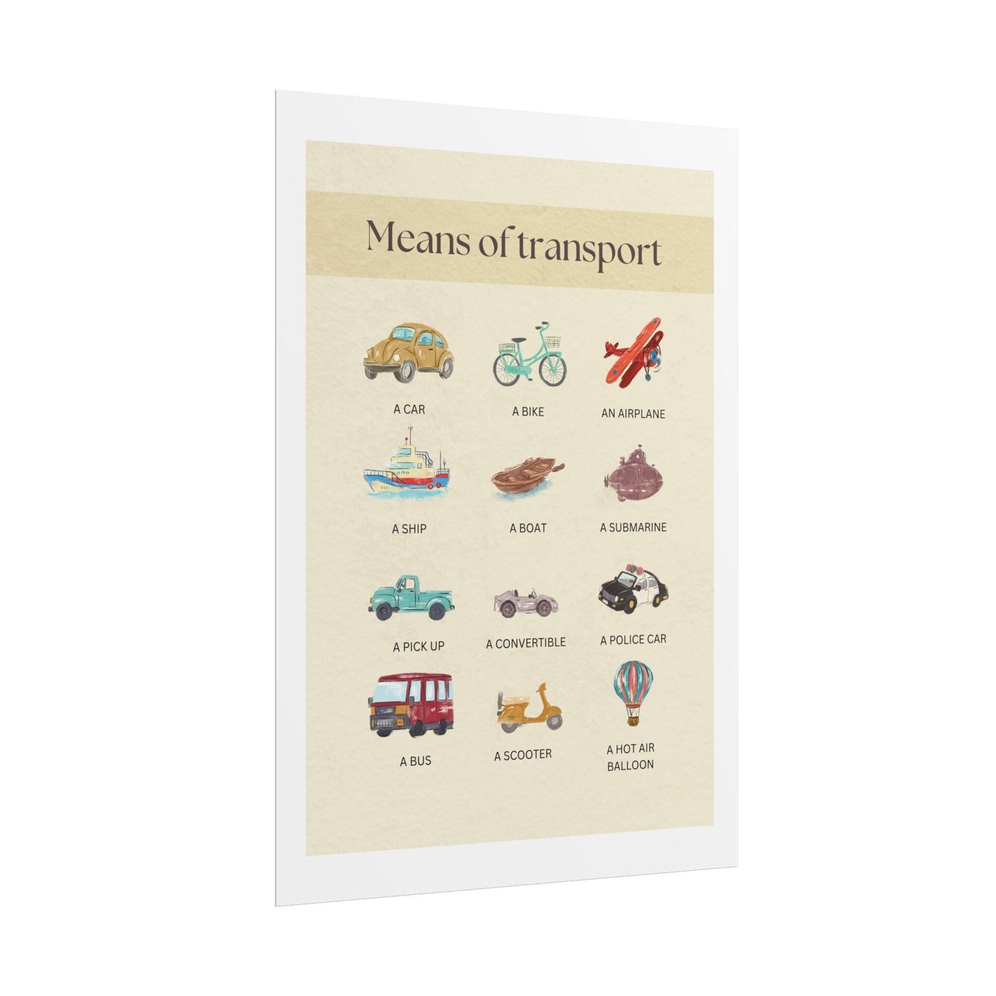 Means of transport poster | rolled poster, vintage vehicles nursery wall art | kids learning posters