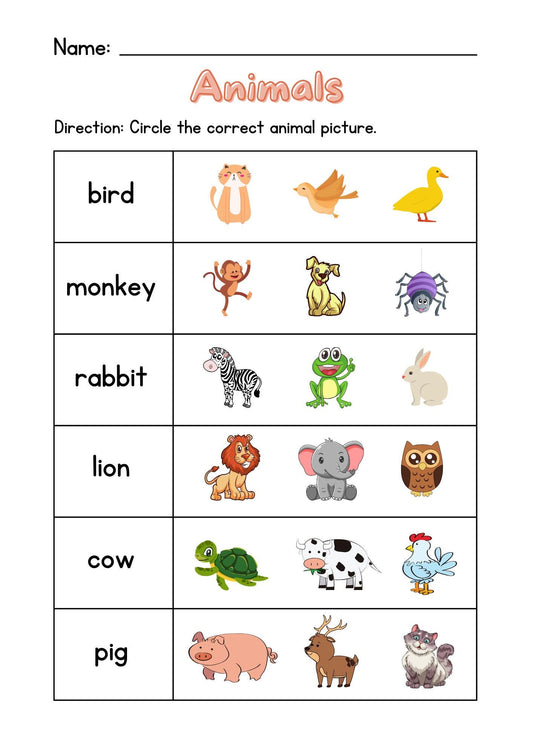 Animal Recognition Worksheets, Early Literacy Bundle (Digital Download)