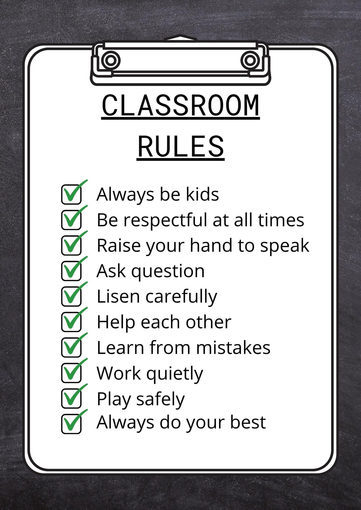 Classroom Rules Poster, Clipboard Chalkboard Style, Kids Educational Art (Digital Download)