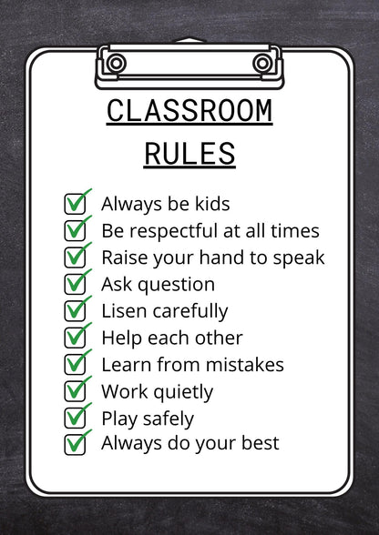 Classroom Rules Poster, Clipboard Chalkboard Style, Kids Educational Art (Digital Download)