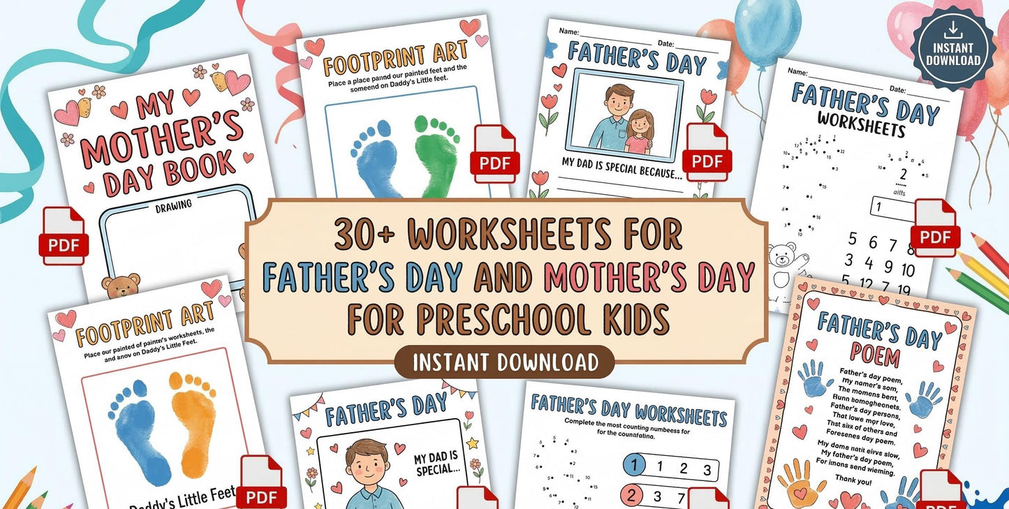 Preschool Mother's Day Father's Day Worksheets, Footprint Art, Report Card (Digital Download)