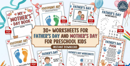 Preschool Mother's Day Father's Day Worksheets, Footprint Art, Report Card (Digital Download)