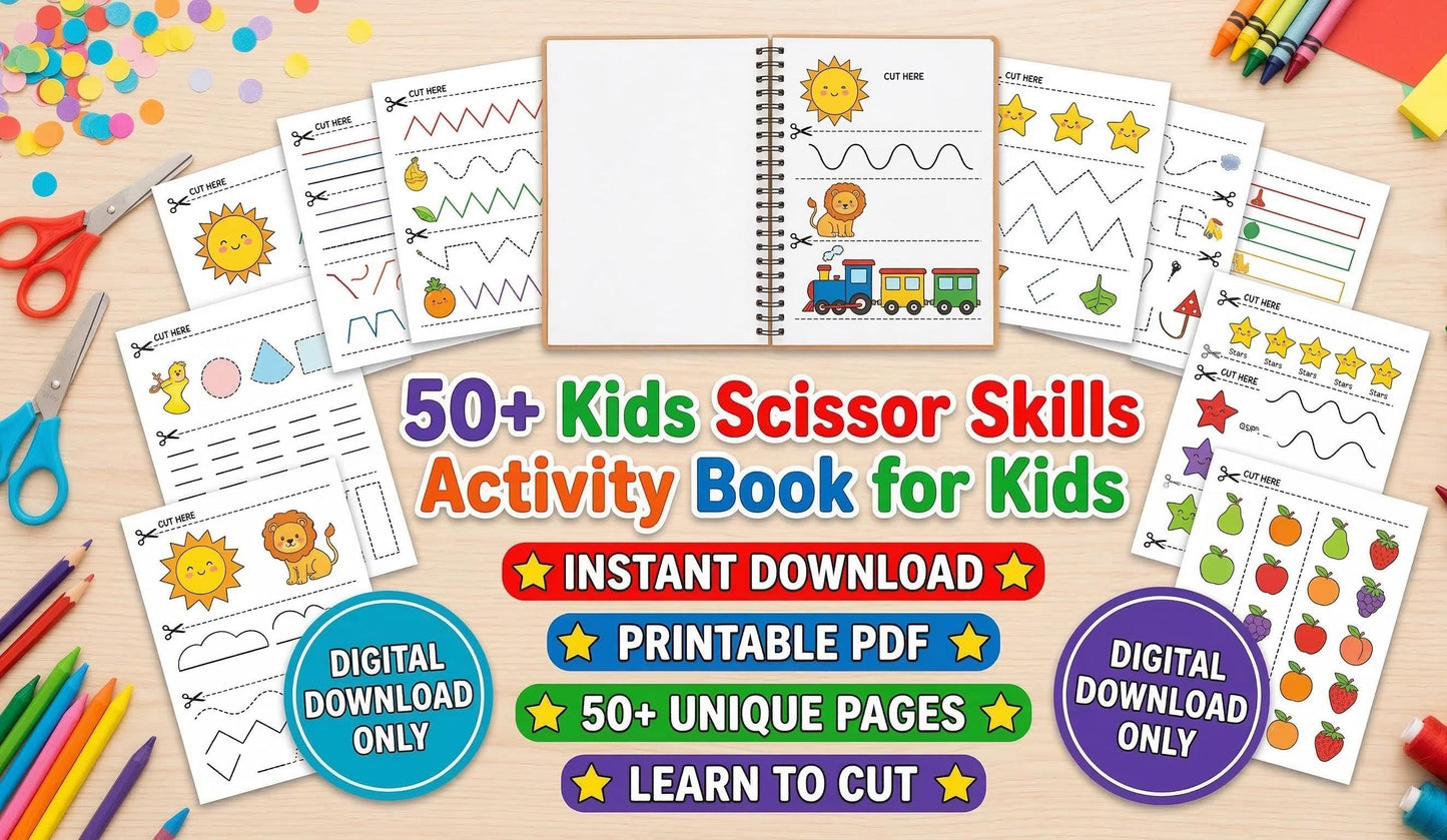 Kids Scissor Skills Activity Book, Preschool Cutting Practice, Fine Motor Worksheets (Digital Download)