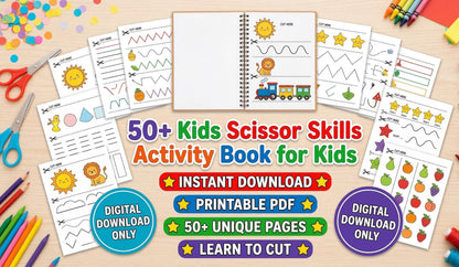 Kids Scissor Skills Activity Book, Preschool Cutting Practice, Fine Motor Worksheets (Digital Download)