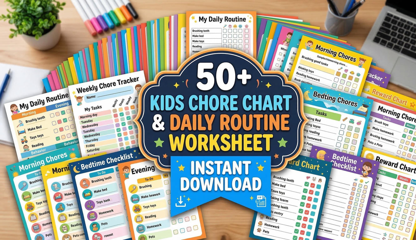 Kids Chore Chart & Daily Routine Worksheets, Toddler Responsibility Visual Schedule (Digital Download)