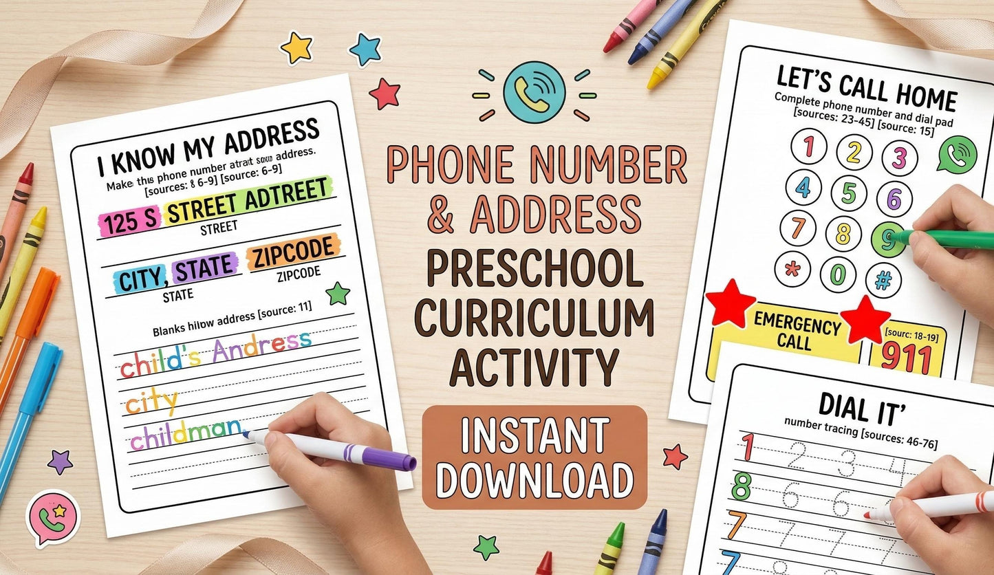 Preschool Phone Number and Address Worksheets, Safety Activity (Digital Download)