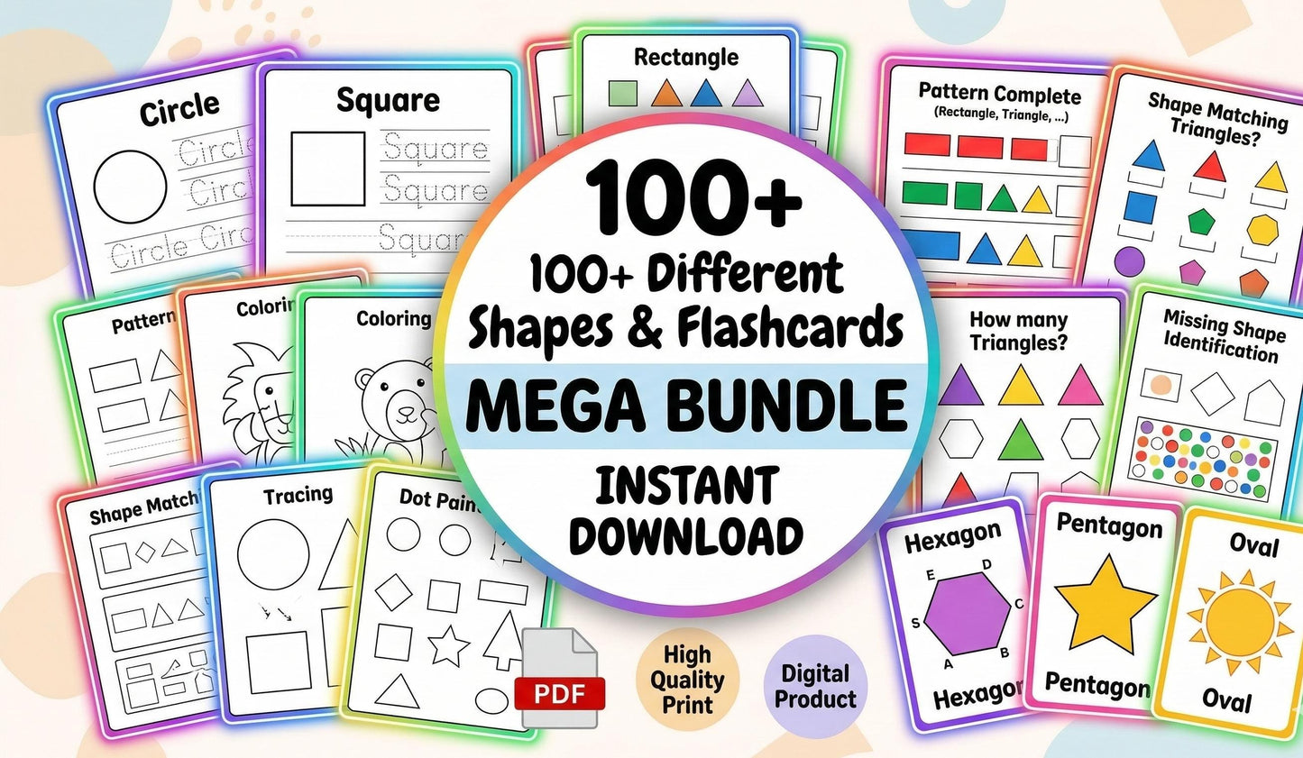 Shapes Worksheets Mega Bundle, Toddler Learning, Preschool Geometry, Kindergarten Math (Digital Download)