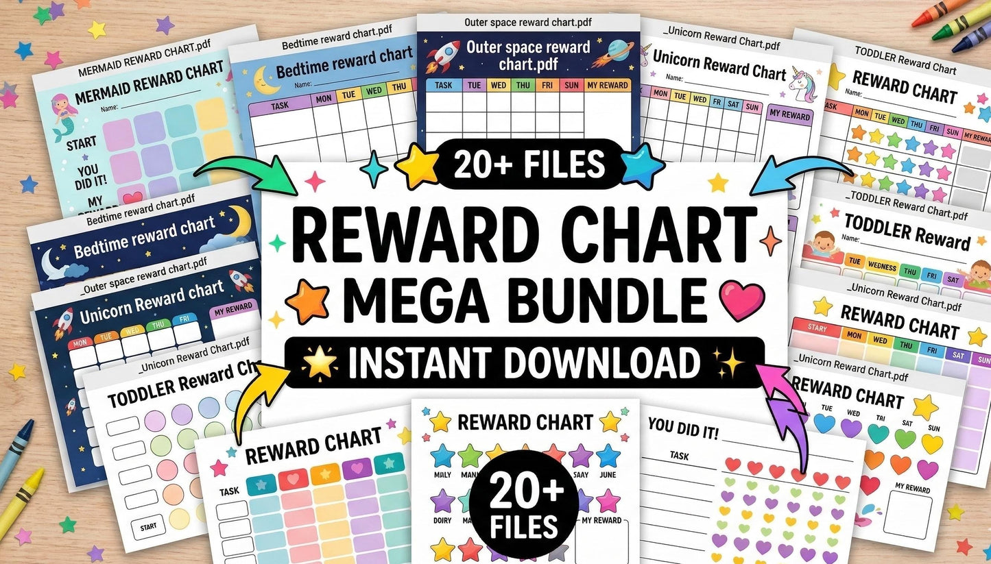 Kids Reward Chart Mega Bundle, Mermaid Unicorn Space Themes (Digital Download)