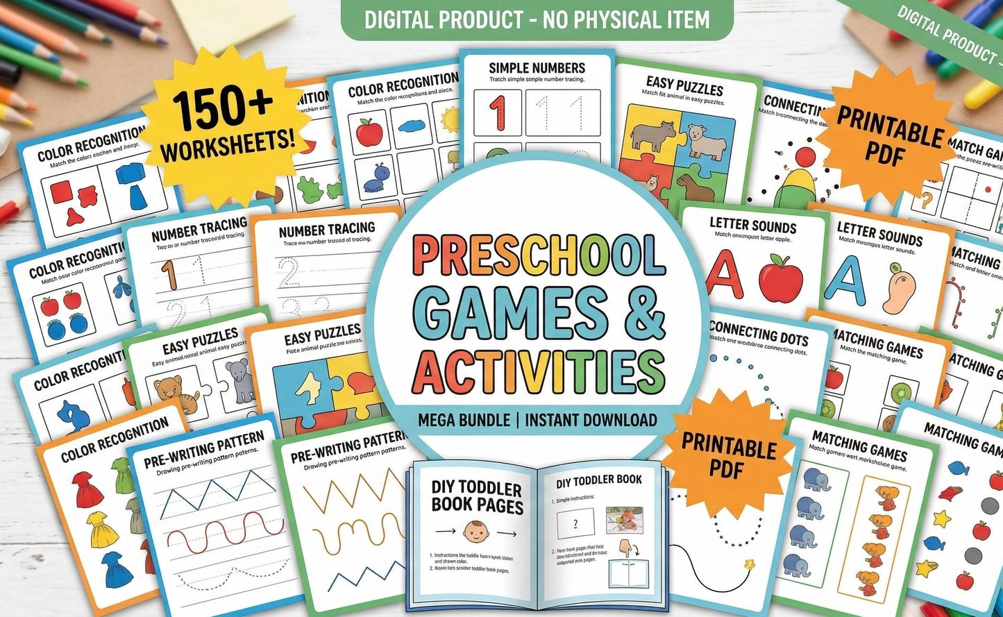 Toddler Preschool Learning Worksheets Mega Bundle, Alphabet Tracing, Math Puzzles (Digital Print)